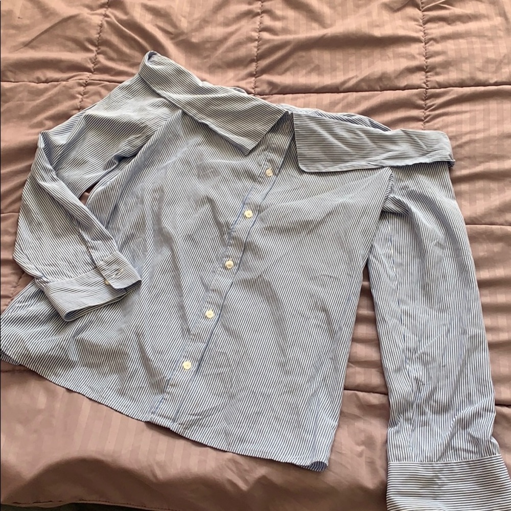 Blue and white pin strip off the shoulder shirt